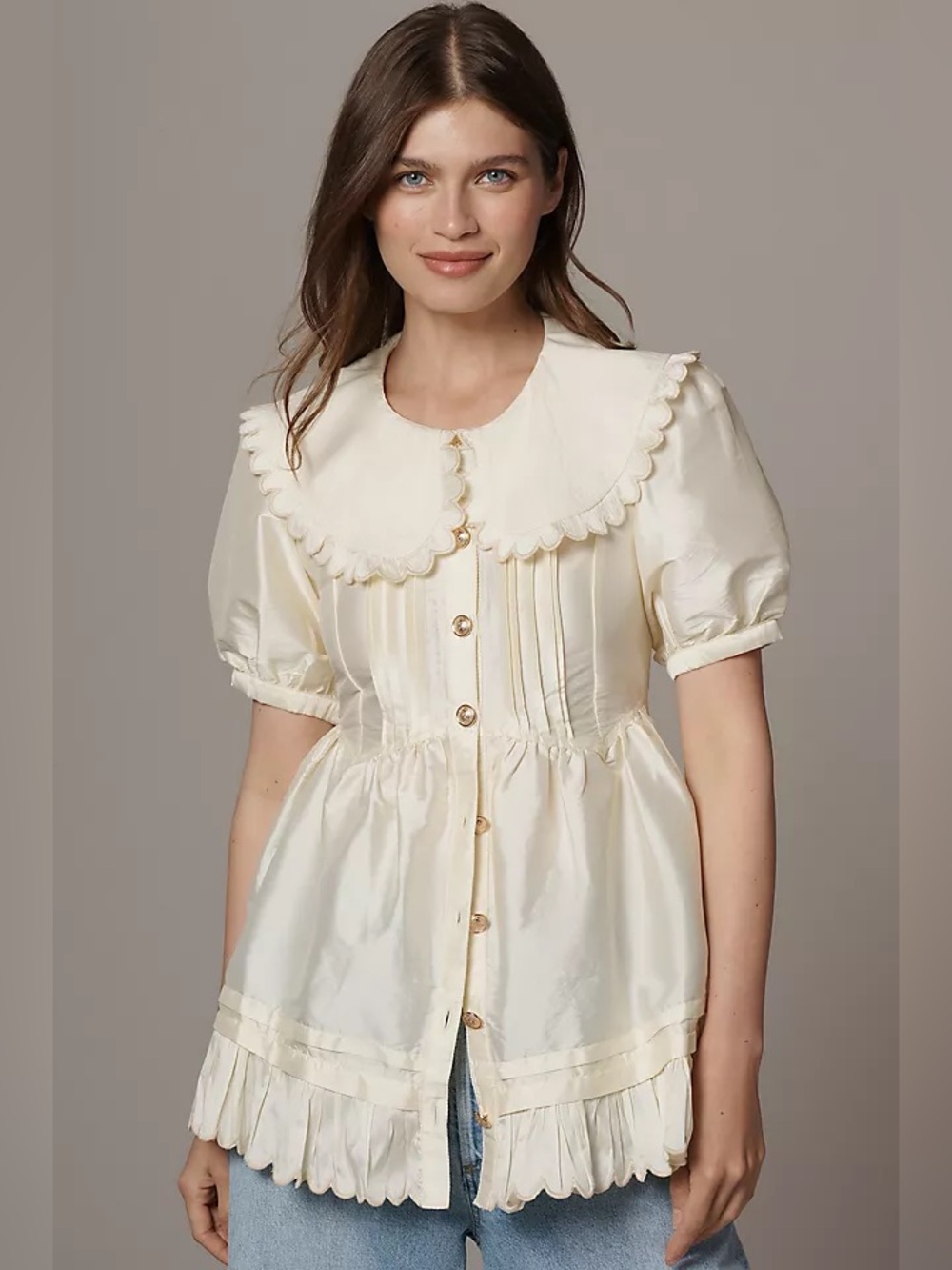 Maeve Cream Puff-Sleeve Button Front Blouse